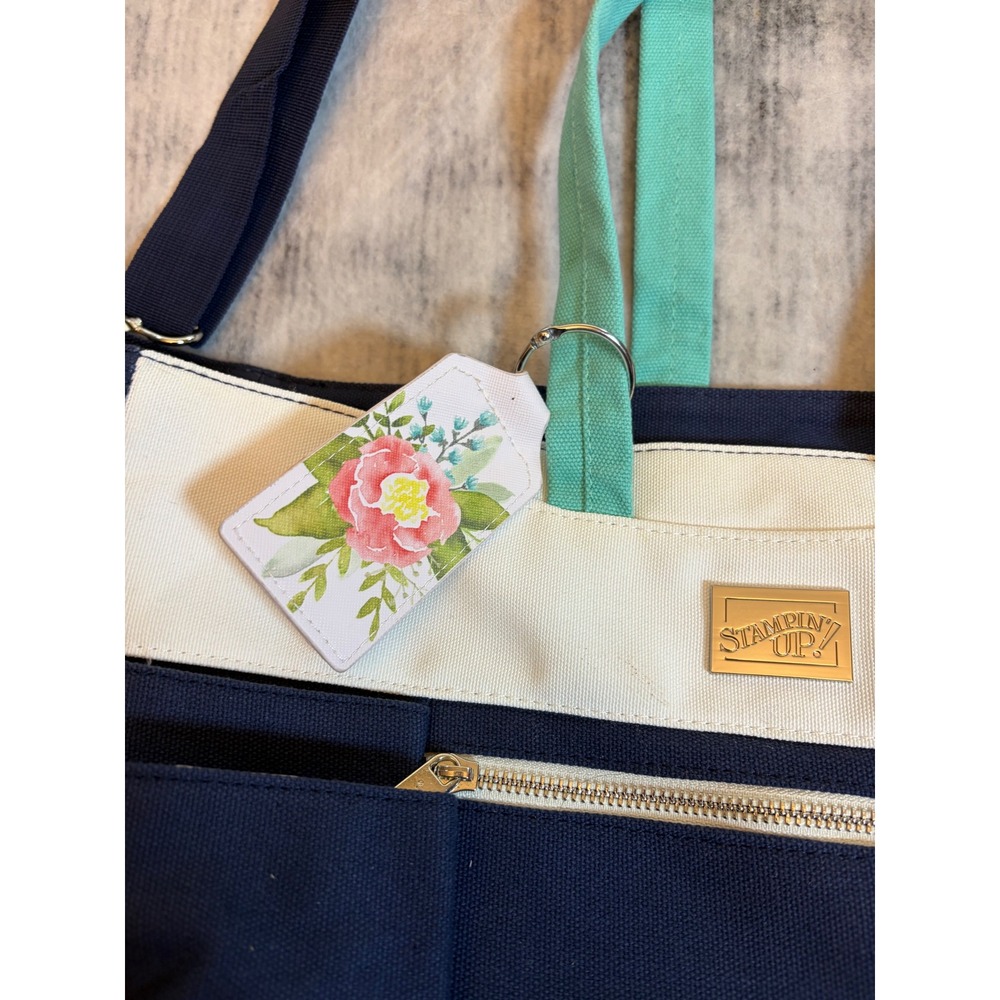 Stampin Up Canvas Craft Tote Bag Navy Blue Cream Teal Organizer Shoulder Bag - Picture 2 of 9